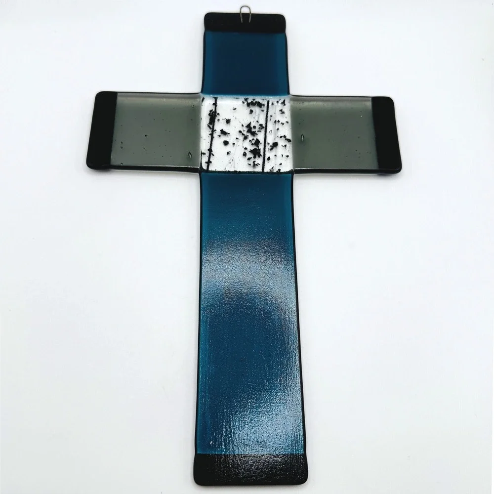 Handmade Fused Glass Wall Cross Faith Blue Art Glass Religious Decor